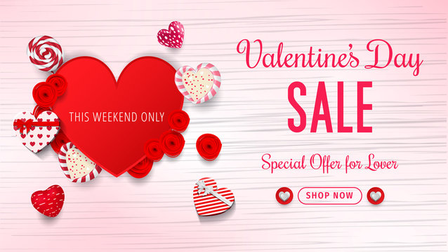 Promo Web Banner for Valentine's Day Sale. Valentines Day Sale banner. Vector illustration.