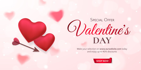 Vector horizontal template for sale banner for Valentine’s Day with red hearts and an arrow. Holiday pink background for design of flyers with discount offers. With place for text. - obrazy, fototapety, plakaty
