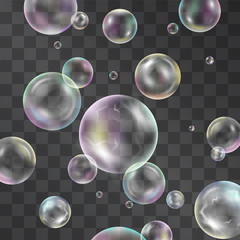 Soap, shampoo bubbles vector stream with holographic effect, rainbow glow on gas bullas ascending to the sky on transparent background. Bright festive details for playful design, illustration for kids
