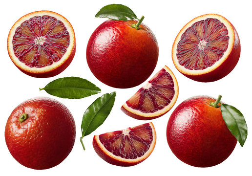 Red blood orange slices set isolated on white background
