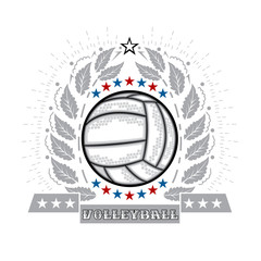 Volleyball in center of silver wreath isolated on white. Sport logo for any team or competition