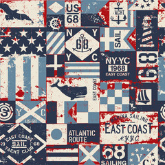 Grunge nautical flags patchwork vector seamless pattern