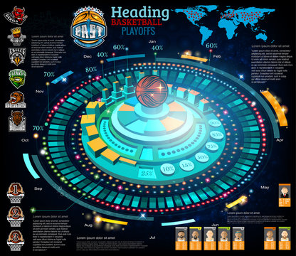 Abstract Basketball Infographic In Computer Game Style. Vector Blue Background With Information, Chart, Diagrams