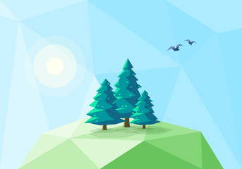 Vector illustration of stylized low poly triangular landscape with green conifer trees on a triangular hill with geometric blue sky background. Sun is shining, birds are flying around.