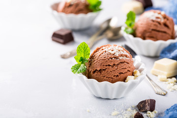 Chocolate ice cream scoop in white bowl with chopped white chocolate and mint decoration. Summer food concept with copy space.