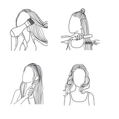 Girl doing curvy hairstyle. Step by step illustrations.