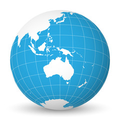 Earth globe with green world map and blue seas and oceans focused on Australia. With thin white meridians and parallels. 3D vector illustration.