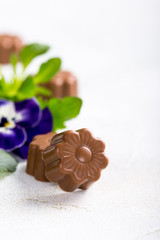 Chocolate candies in flower shape with violets. Holiday food concept with copy space.