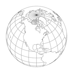 Outline Earth globe with map of World focused on North America. Vector illustration.