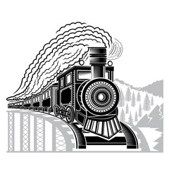Black silhouette of face old locomotive with smoke on bridge and wild landscape. Engraving illustration isolated on white © Bohdan Petrushko