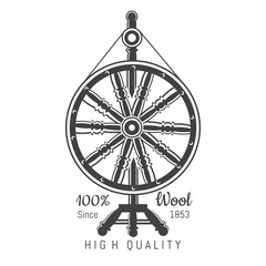 Wheel distaff with yarn. Logo for craft related site or business