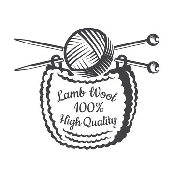 Yarn ball with crossed knitting needles with knitting. Logo for craft related site or business