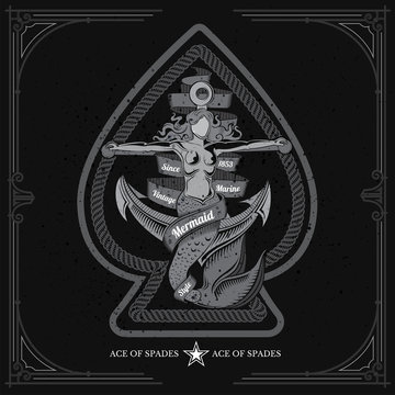 Ace of spades form with mermaid crucified on anchor inside. Design playing card element white on black