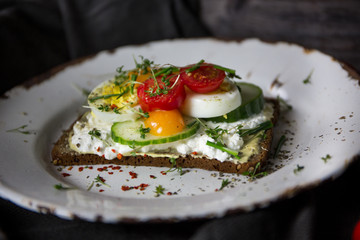 Belegtes Körnerbrot mit Tomate, Ei und Salatgurke