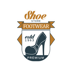 Fototapeta premium Shoe store, footwear, estd 1963 vintage badge for shoemaker, shoe shop and shoes repair vector Illustration
