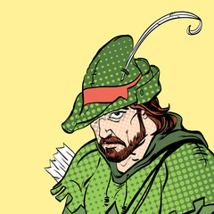 Robin Hood portrait. Defender of weak. Medieval legends. Heroes of medieval legends. Halftone background.