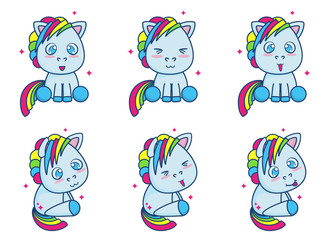 Cute blue little pony or horse vector illustration set with different emotions More emotions see in my similar image