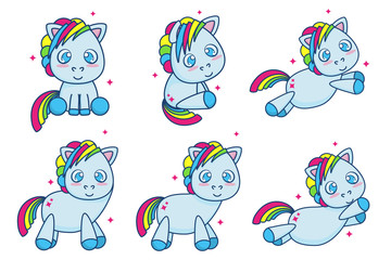 Cute blue little pony or horse vector illustration set with different poses