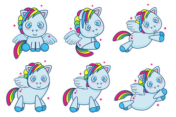 Cute blue little pony with wings vector illustration set of different poses