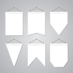 White pennant templates vector set with empty space for branding. Square and triangle diversity shapes. Hanging realistic fabric pieces, award, achievement symbols, logo signs.