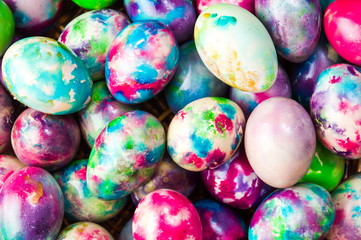 Fototapeta na wymiar Easter eggs background flat lay