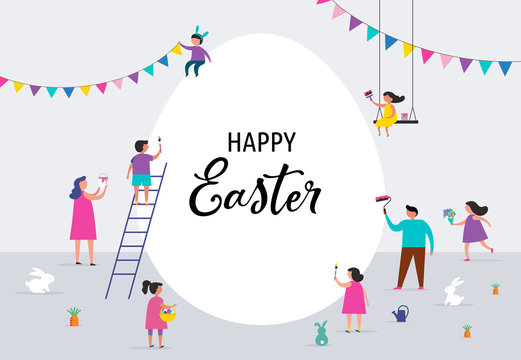 Happy Easter banner with families and kids