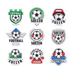 Soccer league or tournament logo templates set. Creative line art icons with green, red and blue colors. Flat vector isolated on white.