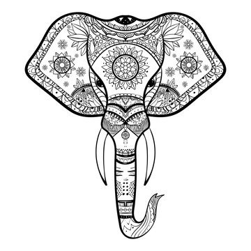 Vector Black and White Henna Elephant Head Illustration