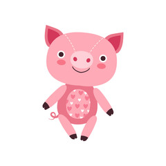 Cute soft pink piggy plush toy, stuffed cartoon animal vector Illustration