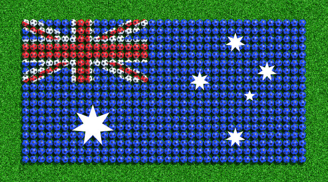 Flag of Australia from soccer balls on grass field. 3D render.