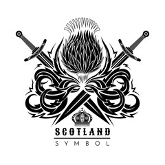 Silhouette of thistle with leaf pattern and cross swords. Symbol of Scotland design element black on white
