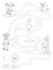 Fototapeta na wymiar Wizard of OZ coloring maze game help Dorothy to find friends