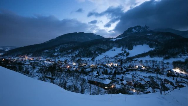 Night at Winter with beautiful village, Slovakia, Time lapse