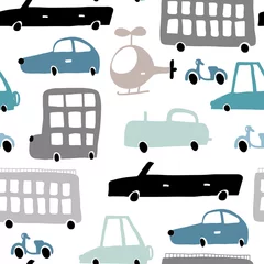 Wall murals Cars Seamless pattern with hand drawn transport Cartoon cars, helicopter vector illustration.Perfect for kids fabric,textile,nursery wallpaper