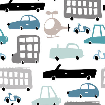Seamless pattern with hand drawn transport Cartoon cars, helicopter vector illustration.Perfect for kids fabric,textile,nursery wallpaper