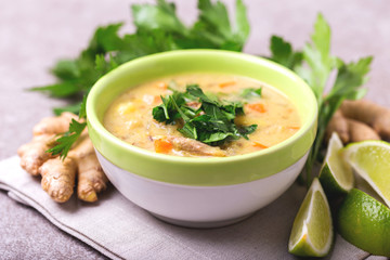 Indian Mulligatawny soup with lentil, parsley. Copyspace, horizontal view.