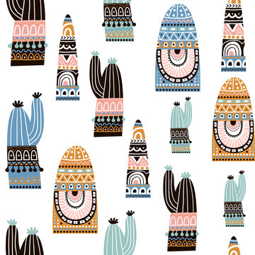 Seamless pattern with cactuse in tribal style. Decorative cactuse background. Vector Illustration