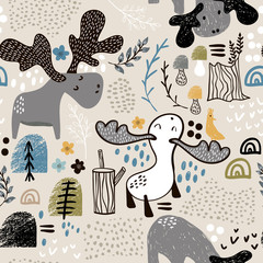 Childish seamless pattern with elks in wood and abstract shapes. Trendy scandinavian vector background. Perfect for kids apparel,fabric, textile, nursery decoration,wrapping paper