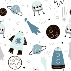 Wall murals Cosmos Childish seamless pattern with hand drawn space elements space, rocket, star, planet, space probe. Trendy kids vector background.