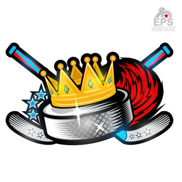 Hockey puck in crown with fire trail and crosses hockey stick. Vector sport logo isolated on white for any team or competition