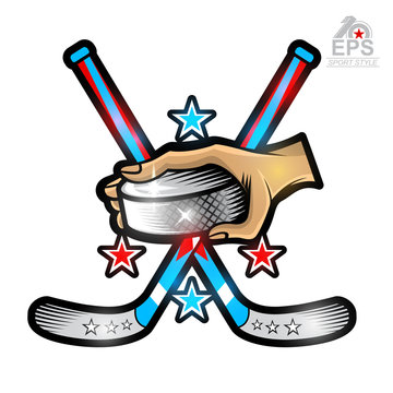 Hand hold hockey puck and crosses hockey stick behind. Vector sport logo isolated on white for any team or competition