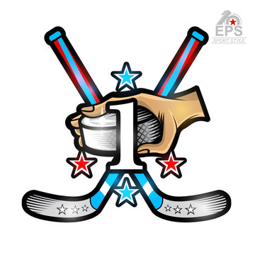 Hand hold hockey puck with crosses hockey stick and number one on front. Vector sport logo isolated on white for any team or competition