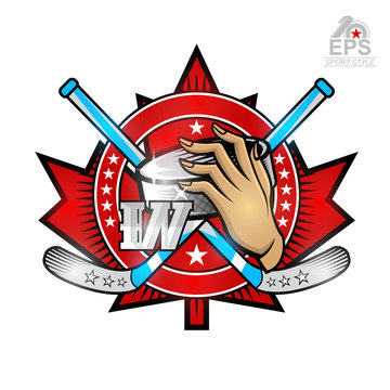 Hand hold hockey puck with crosses hockey stick on red maple leaf. Vector sport logo isolated on white for any woman team or competition