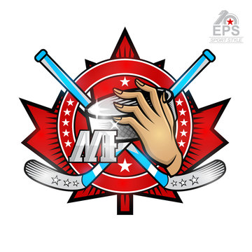 Hand hold hockey puck with crosses hockey stick on red maple leaf and letter m. Vector sport logo isolated on white for any man team or competition
