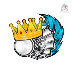 Shuttlecock with crown and blue wind trail. Sport logo isolated on white for any badminton team or championship