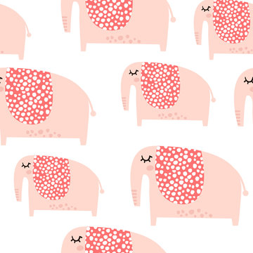 Seamless pattern with cute pink elephant girls in scandinavian style. Creative vector childish background for kids fabric, textile,wrapping, apparel