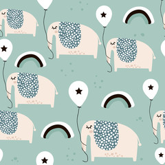 Nahtloses Muster mit süßen Elefanten mit Luftballons im skandinavischen Stil. Kreativer Vektor-kindischer Hintergrund für Kinderstoff, Textil, Verpackung, Kleidung