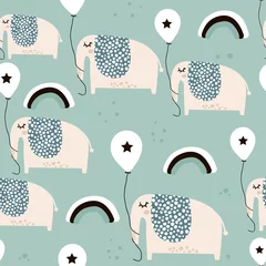 Foto op Plexiglas Olifant Naadloze patroon met schattige olifanten met ballonnen in Scandinavische stijl. Creatieve vector kinderachtige achtergrond voor kinderen stof, textiel, verpakking, kleding