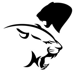 Naklejka premium ryczący cougar wektor wzór - czarno-biały widok z boku głowy pantery