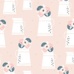 Seamless minimalistic pattern with flowers in jar. Creative fashion background. Perfect for fabric, wrapping, wallpaper, textile, apparel